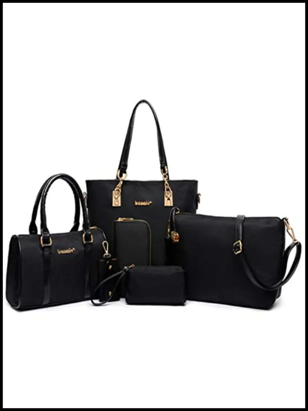 6-Piece Nylon PU Handbag Set: Tote, Satchel, Crossbody, Clutch, Wallet, Key Case